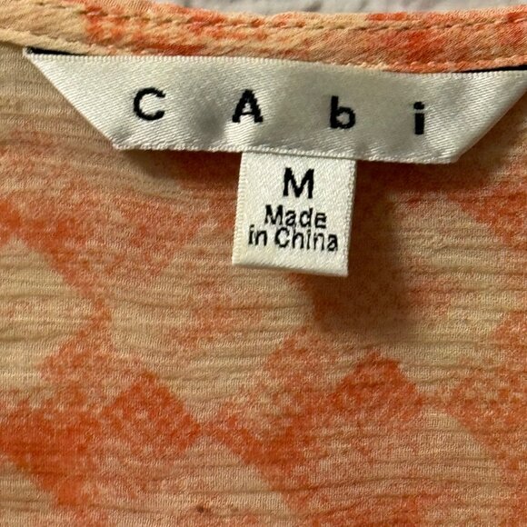 Cabi Womens Button-Down Silk Sheer Blouse Sz M Orange & Cream Geometric Print - Picture 5 of 12